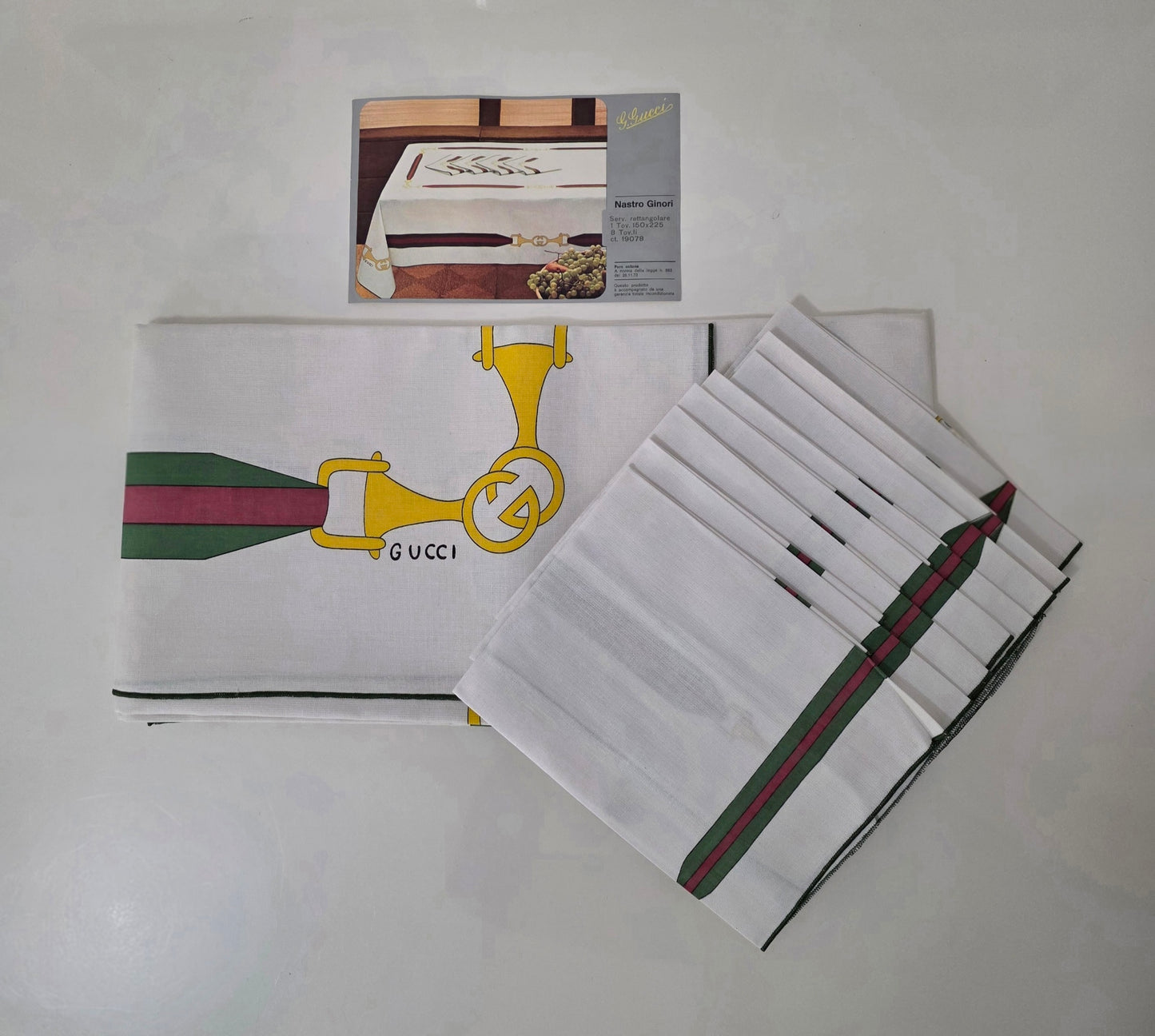 Set Rettangolare Tovaglia con 8 tovaglioli “Nastro Ginori”, anni '70