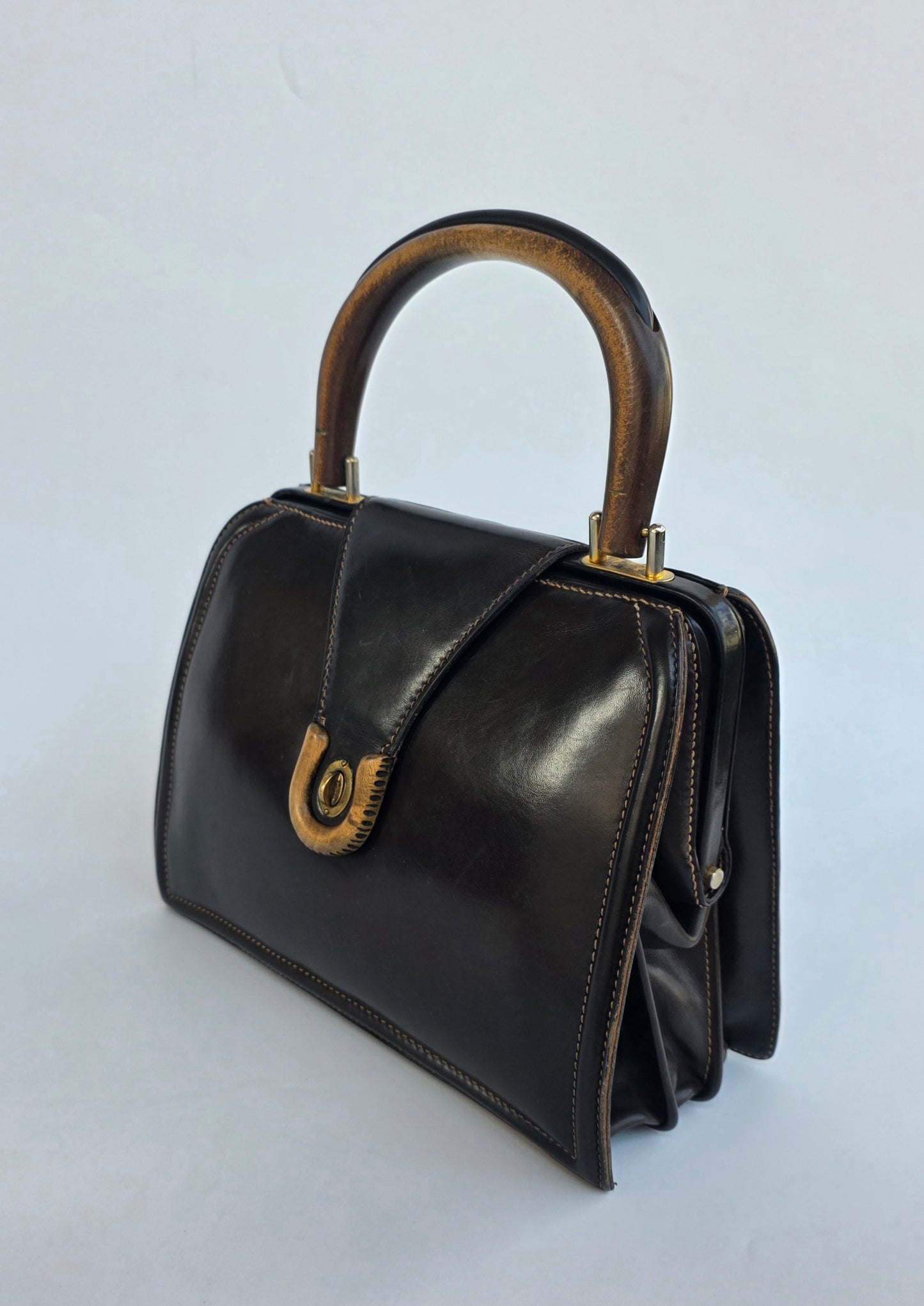 Borsa Gucci vintage con manico in legno anni '50
