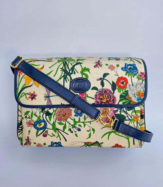 Borsa a tracolla in pelle di vitello blu e tessuto Flora con dettagli in metallo dorato