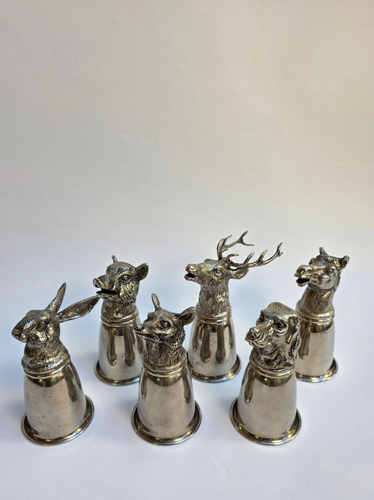 Set 6 Calici Gucci Vintage Anni ‘70, Stirrup Cups "Teste di Animali" in metallo argentato