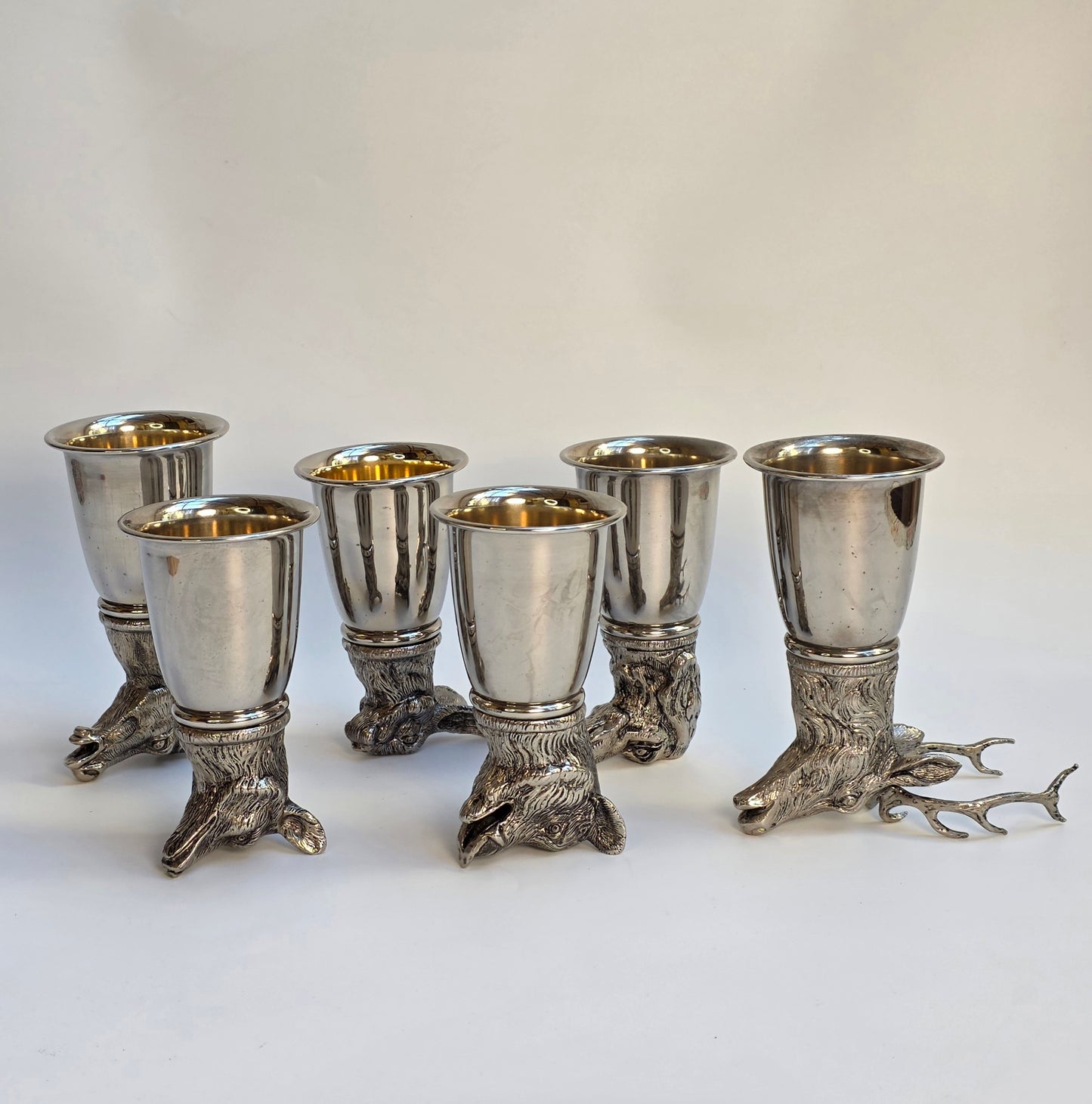Set 6 Calici Gucci Vintage Anni ‘70, Stirrup Cups "Teste di Animali" in metallo argentato
