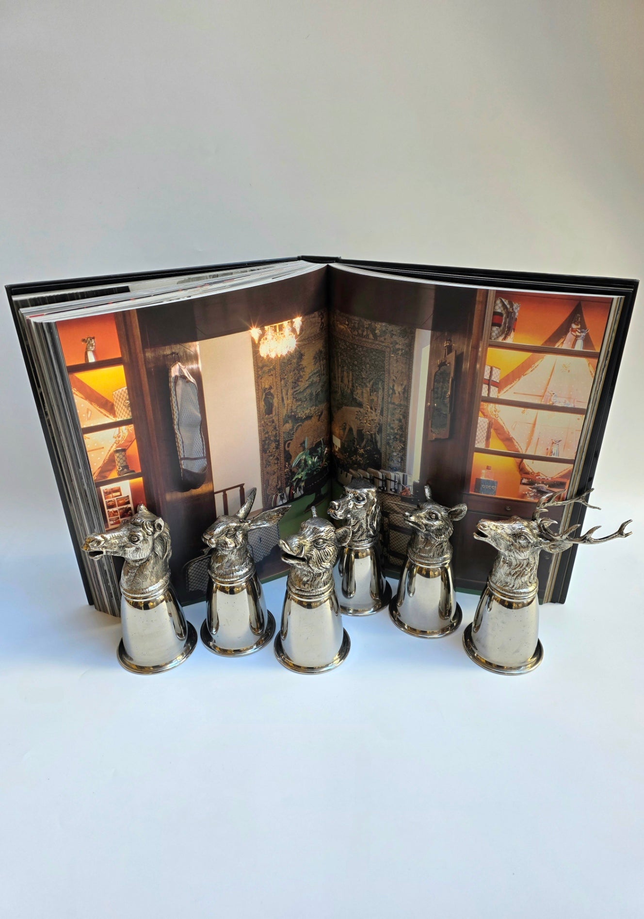 Set 6 Calici Gucci Vintage Anni ‘70, Stirrup Cups "Teste di Animali" in metallo argentato