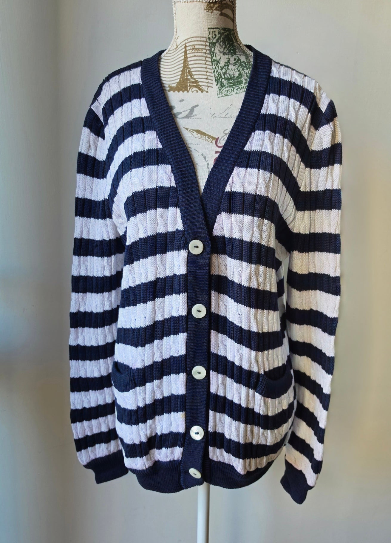 Cardigan Gucci vintage in cotone a righe blu e bianche, anni '80