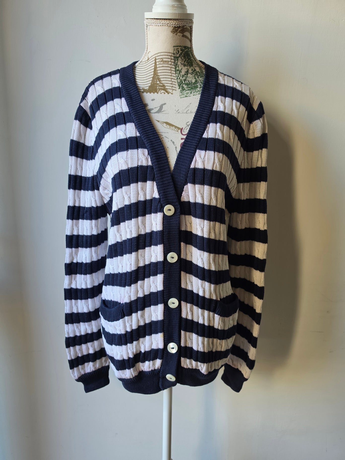Cardigan Gucci vintage in cotone a righe blu e bianche, anni '80