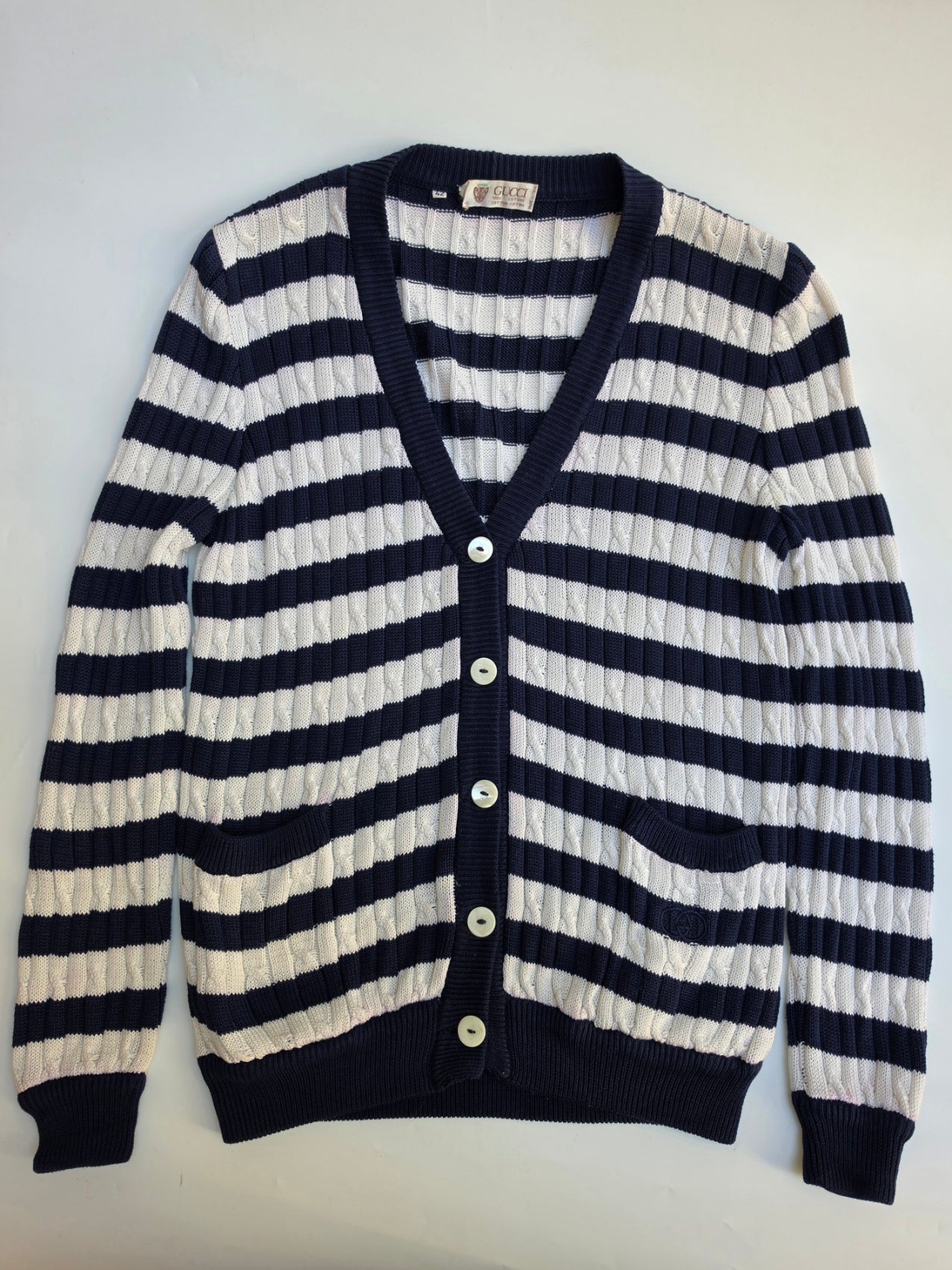 Cardigan Gucci vintage in cotone a righe blu e bianche, anni '80