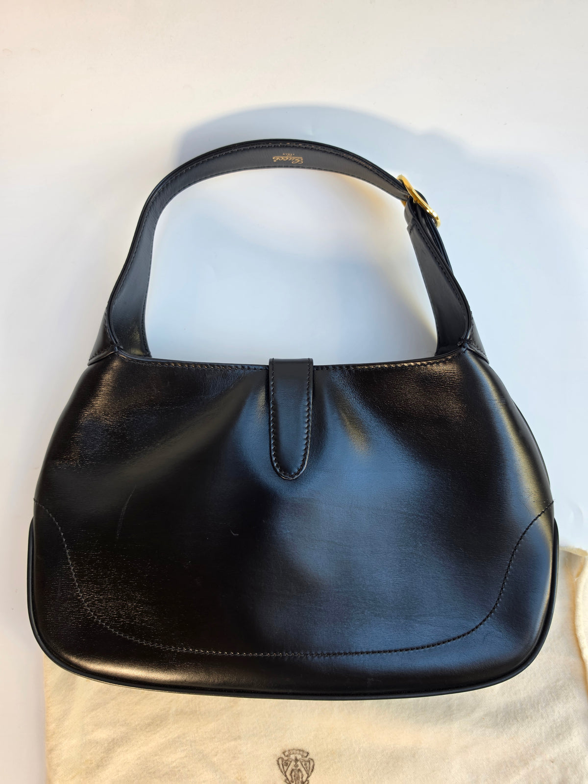 Vintage Gucci Jackie bag in black leather with green-red-green web stripe, 1970s
