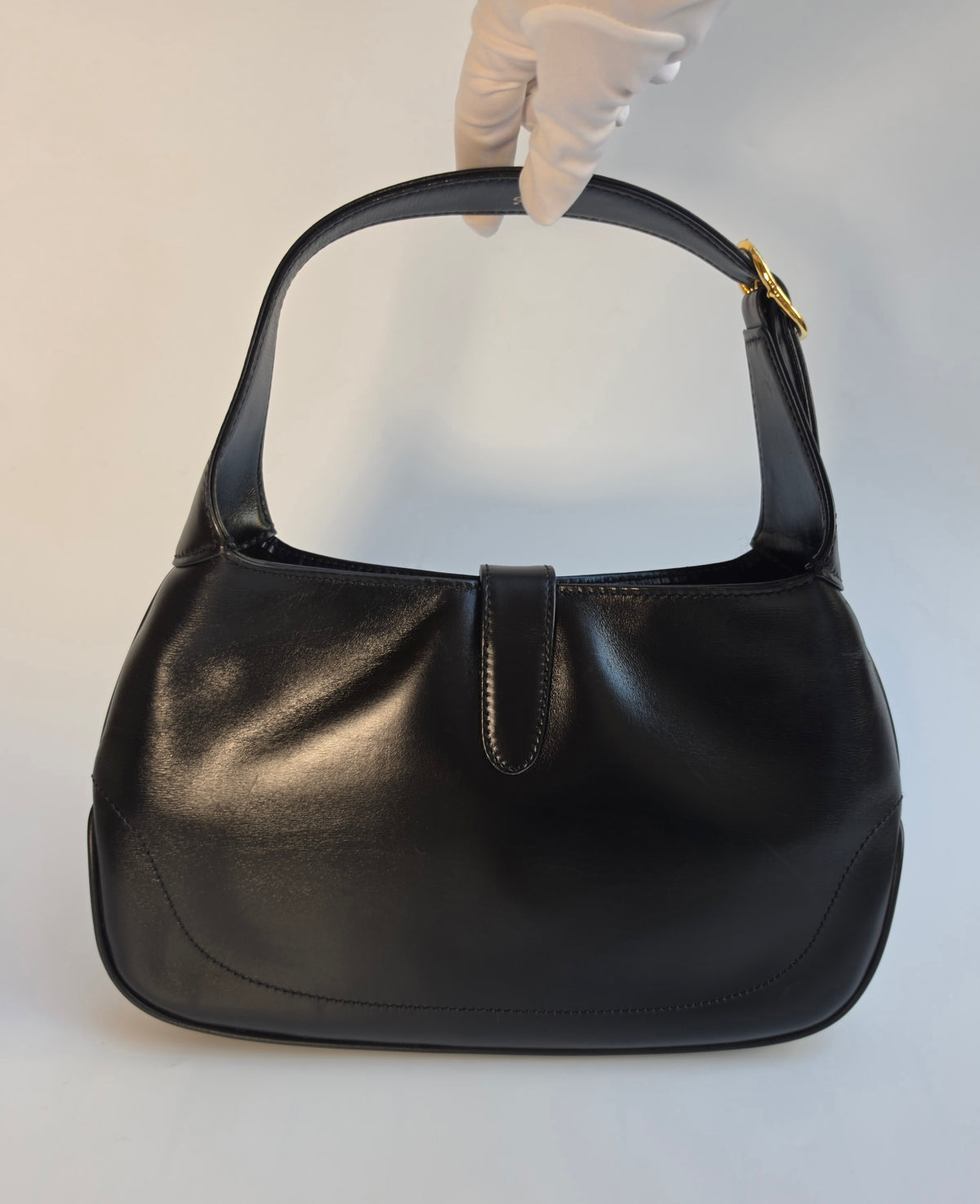 Vintage Gucci Jackie bag in black leather with green-red-green web stripe, 1970s