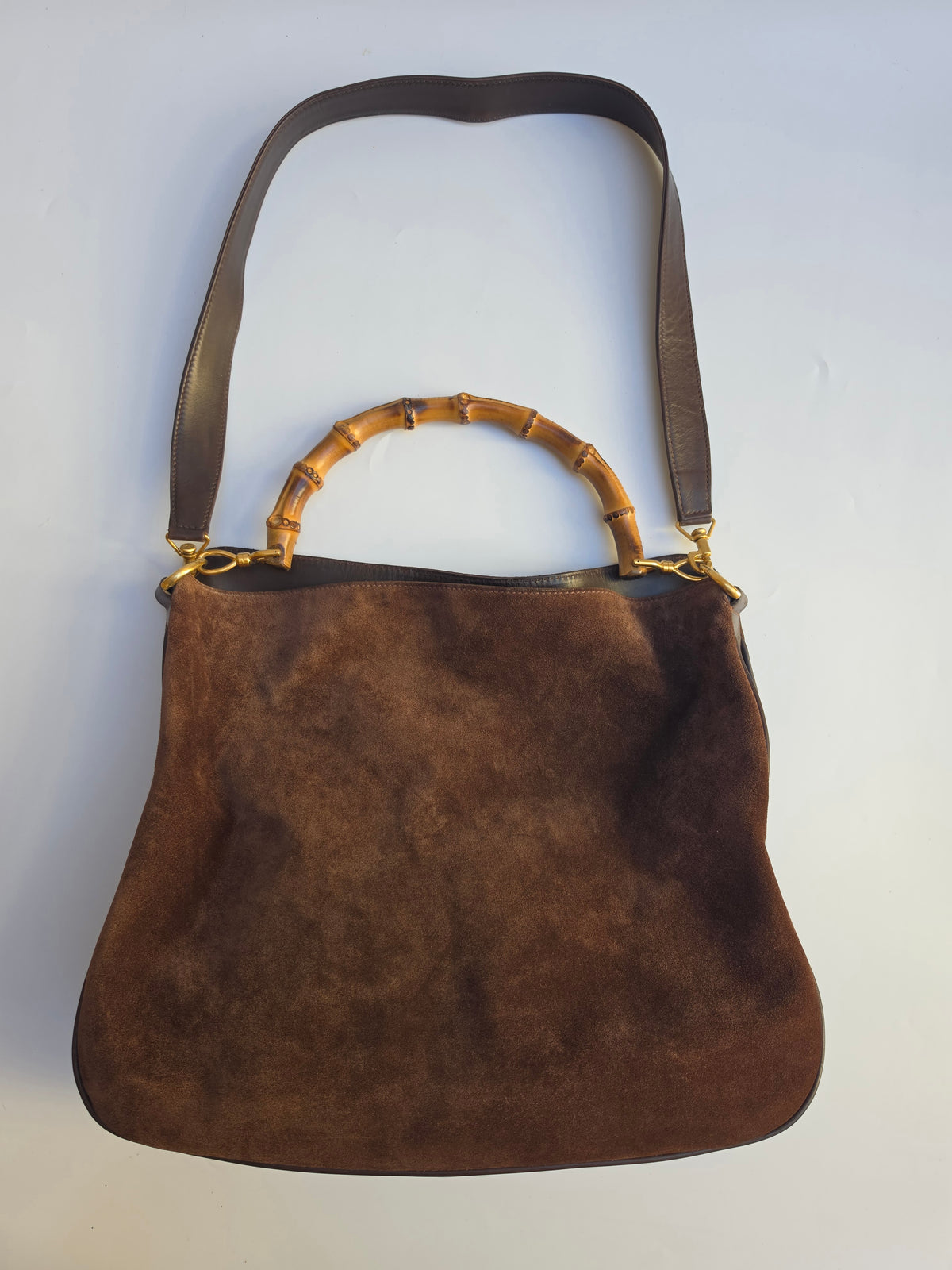 Borsa Gucci Bamboo Top Handle in camoscio testa di moro, anni '90