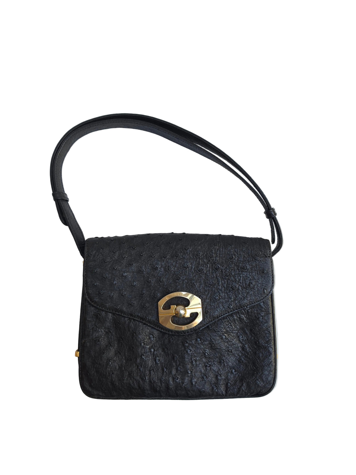 Borsa a spalla Gucci vintage in pelle di struzzo nera, anni '70