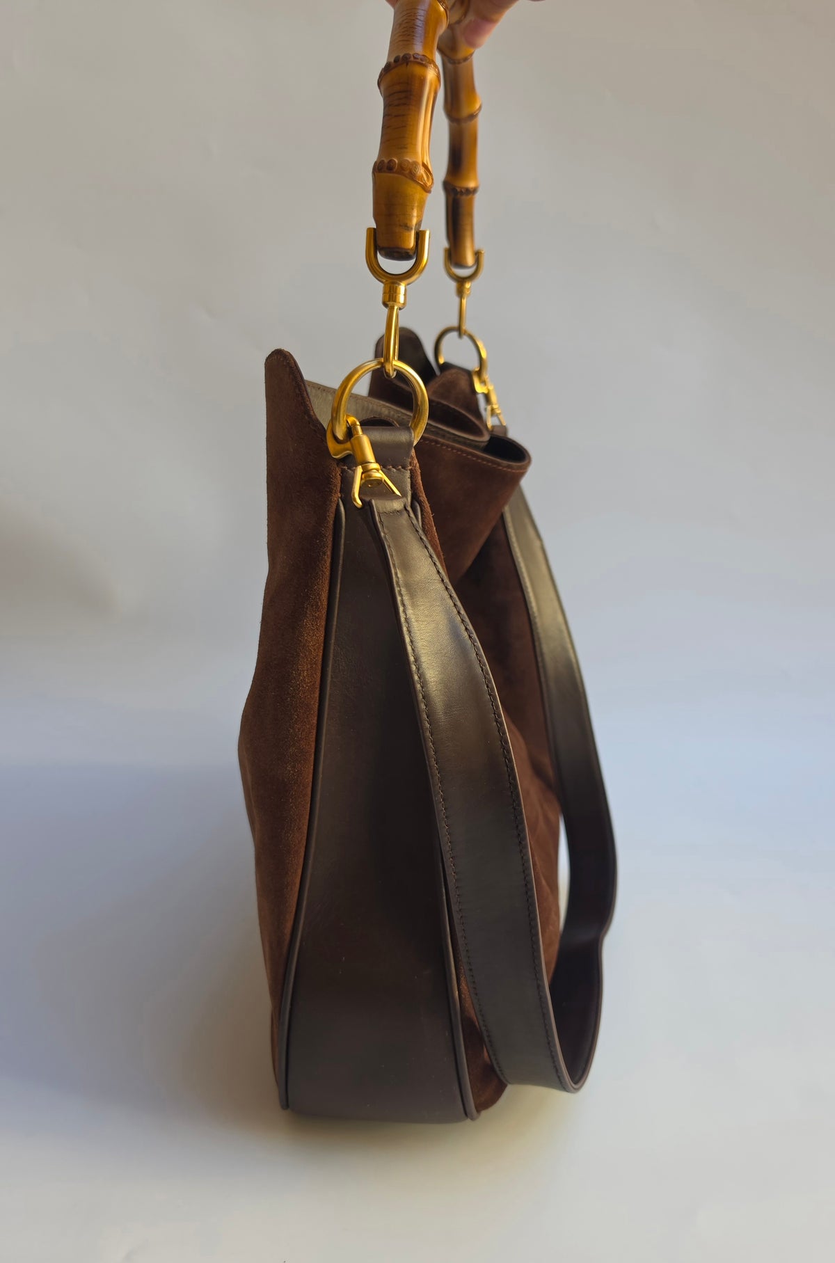 Borsa Gucci Bamboo Top Handle in camoscio testa di moro, anni '90